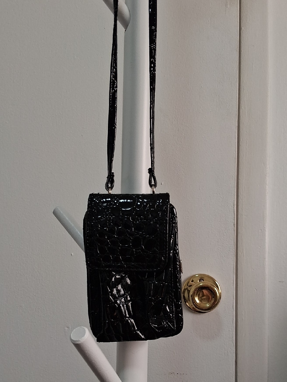 Patent Croc-Embossed Black Crossbody Phone Bag - Women's Compact Cross Shoulder